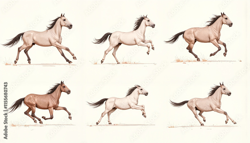 Naklejka premium Galloping horse action sequence in artistic style with light background 