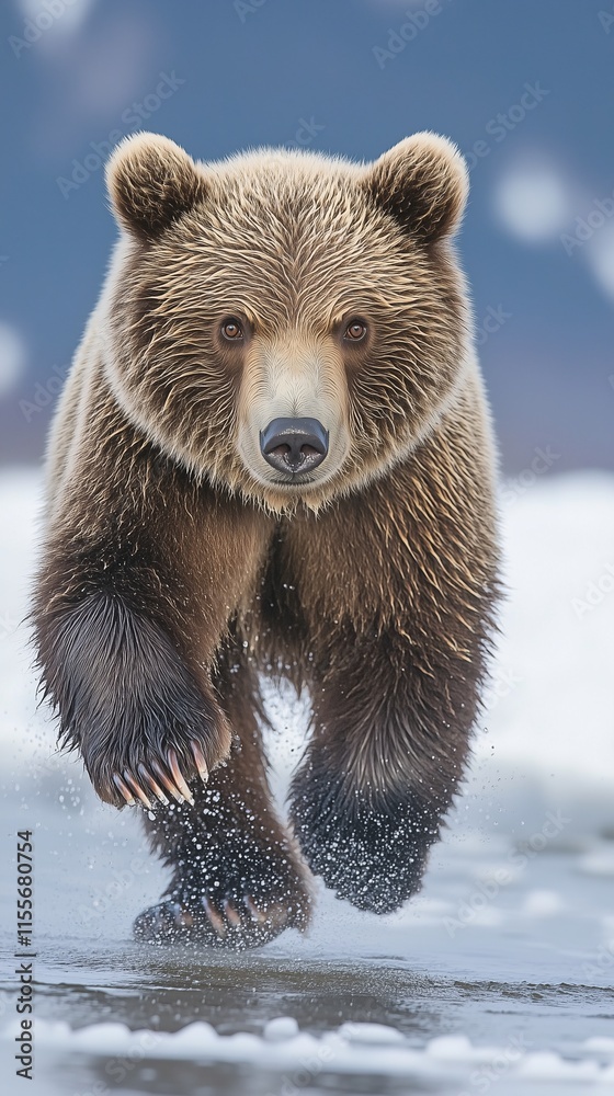 Obraz premium Brown bear running through shallow water with focused eyes, showcasing power and motion in the wild.