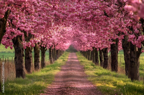 Serene Cherry Blossom Pathway Leading Through Vibrant Pink Trees and Lush Greenery Ideal for Springtime Nature Photography and Scenic Landscapes