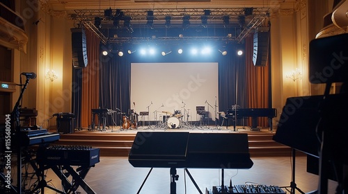 A stage setup with instruments and lighting, ready for a performance.