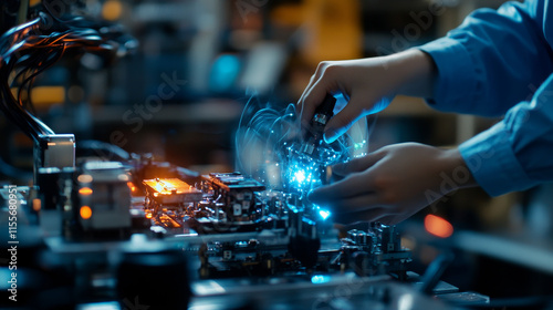 Hologram pliers. Holographic projection repair tools. Flickering energy flux of particles. Scientific design repair.