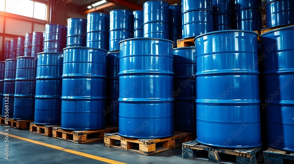 blue barrel drum on pallets in a warehouse, in a strong moody style. Thick fog creates low visibility and low contrast. The image represents the chemical manufacturing industry