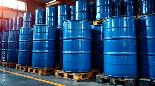 Obraz na płótnie blue barrel drum on pallets in a warehouse, in a strong moody style. Thick fog creates low visibility and low contrast. The image represents the chemical manufacturing industry w salonie