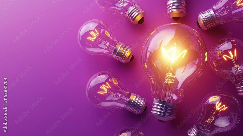 Innovative light bulbs displaying bright ideas studio photography purple background top-down view creativity Innovative light bulbs displaying bright ideas studio photography purple background top-down view creativity