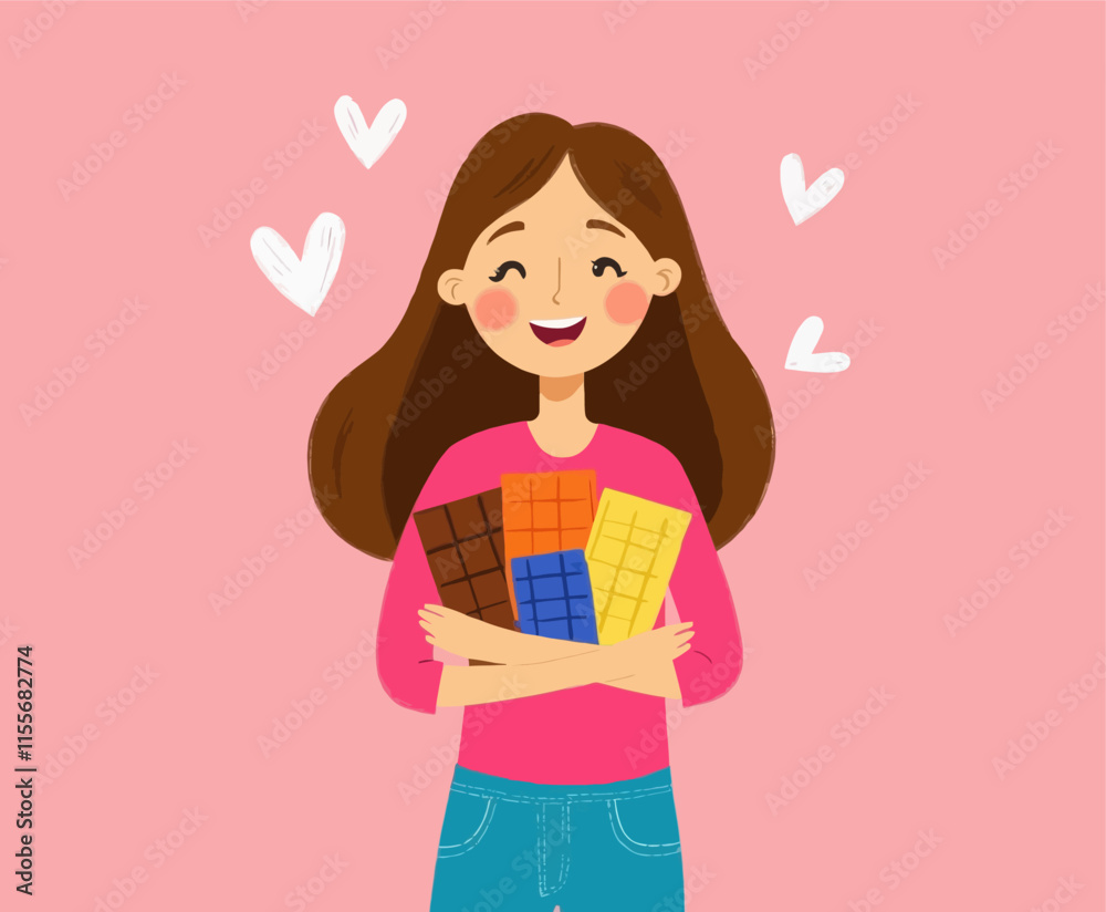 Girl holding colorful chocolate bars with hearts in the air Girl holding colorful chocolate bars with hearts in the air