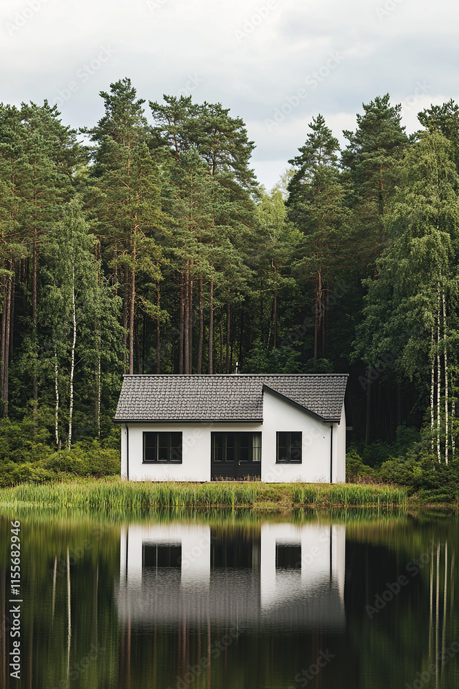 Obraz premium A white modern house stands on the edge of an old forest lake, surrounded by pine trees. The roof is made from dark gray shingles, and its walls are covered with smooth light gray plaster.