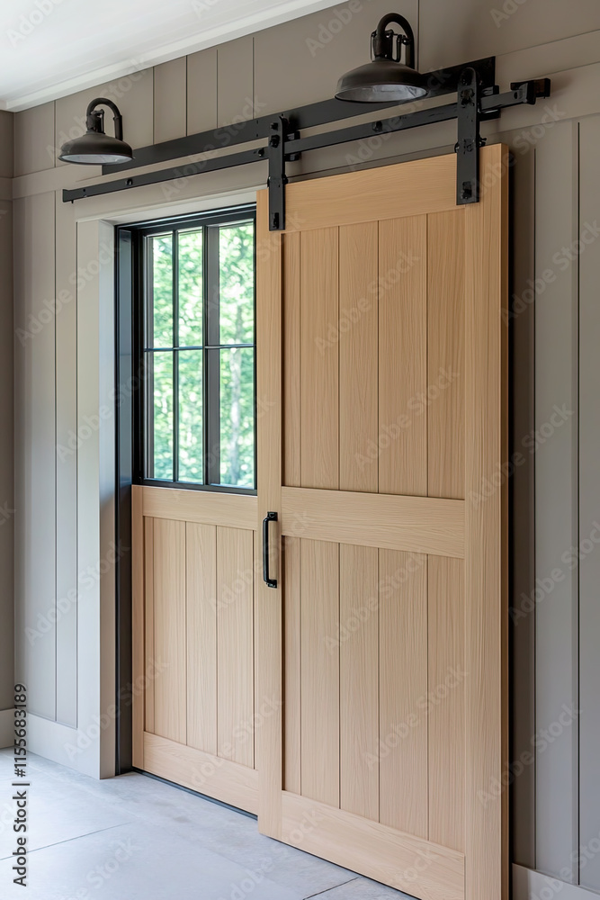 Fototapeta premium Barn door with black metal sliding vertical track, in a light wood color. In the background, there is an open window and wall sconces on either side of it. The room has white walls with gray trim.