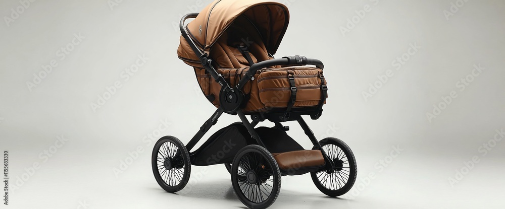 A stylish brown stroller designed for transporting infants comfortably. A stylish brown stroller designed for transporting infants comfortably.