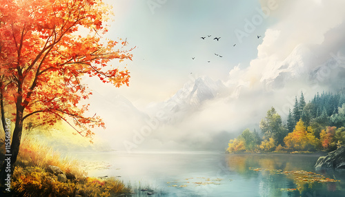 Autumnal Lake Scene with Majestic Mountains and Colorful Trees
