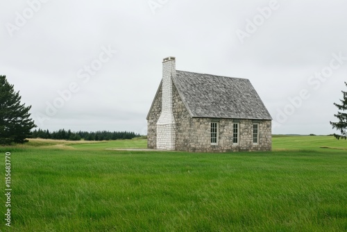 A small stone church in the middle of green grass, with a gray sky and trees on both sides. The building is simple but beautiful, with white walls and a black roof. It has two windows.