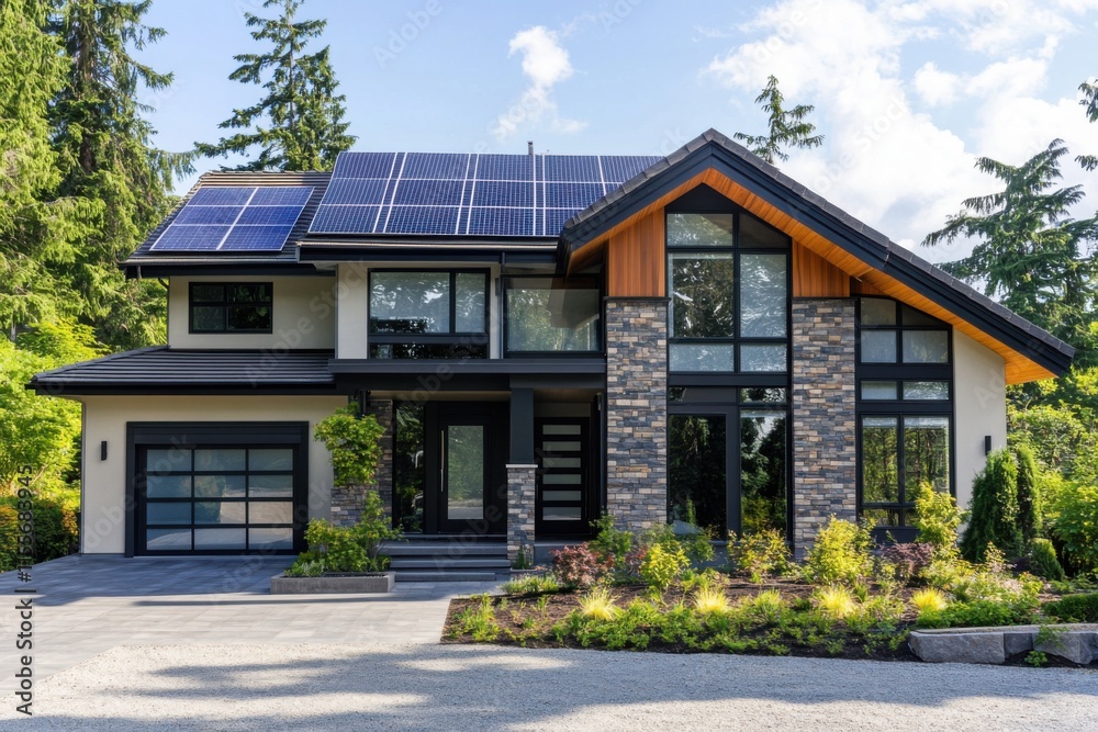 A modern two-story house with solar panels on the roof, located in British Columbia, Canada. The home has large windows and is surrounded by trees and greenery. It features stone exterior walls. A modern two-story house with solar panels on the roof, located in British Columbia, Canada. The home has large windows and is surrounded by trees and greenery. It features stone exterior walls.