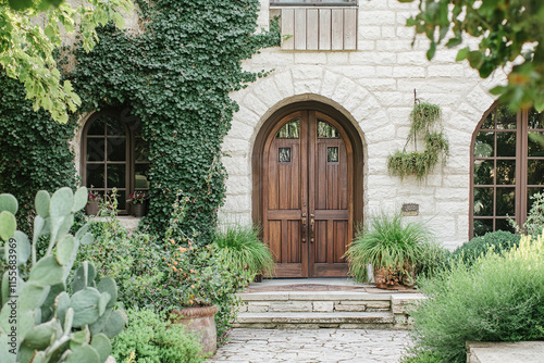 A rustic stone house with wooden double doors framed by ivy-covered walls, surrounded by lush greenery and cacti in the front yard. The focus is on the arched door frame with an inviting appearance.