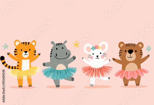Four Ballet Dancing Animals in Pastel Tutus