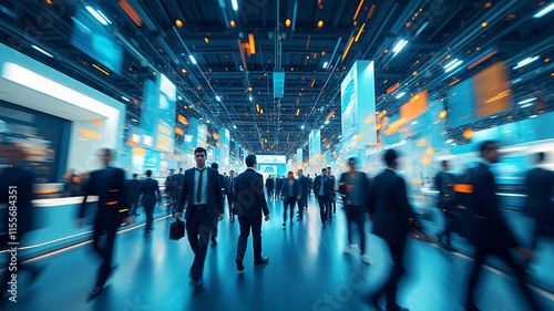 Blurred abstract people in expo event trade show exhibition hall. Business convention or job fair. Business concept background, 16:9 widescreen, 300 dpi, with free space for text
