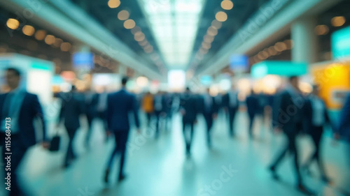 Blurred abstract people in expo event trade show exhibition hall. Business convention or job fair. Business concept background, 16:9 widescreen, 300 dpi, with free space for text