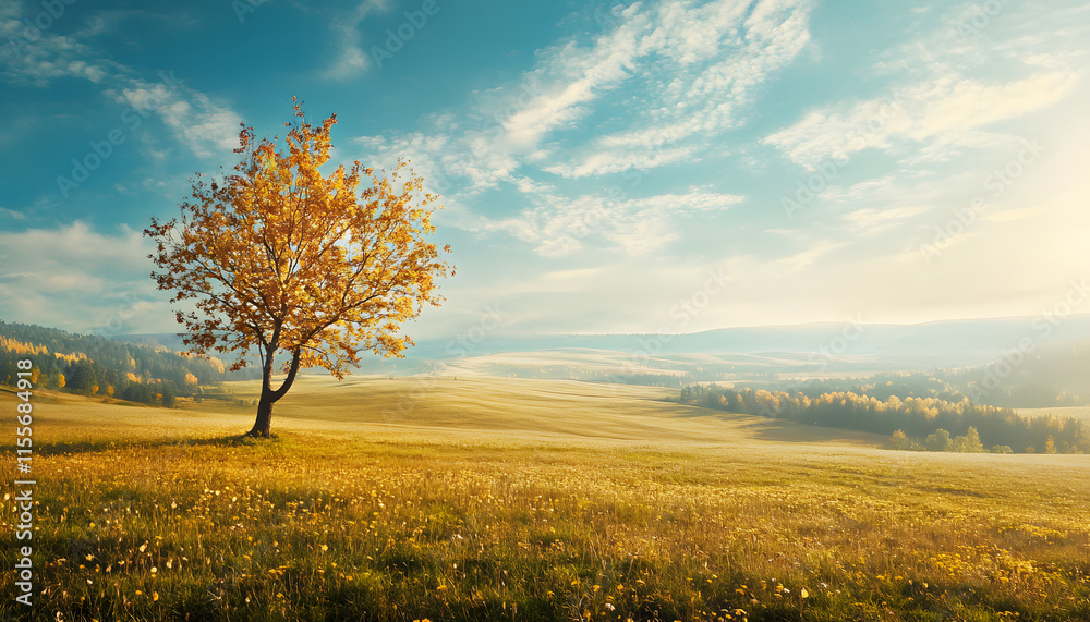 Solitary Autumn Tree in Golden Meadow Landscape Solitary Autumn Tree in Golden Meadow Landscape