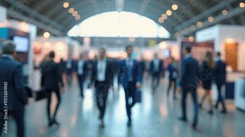 Blurred abstract people in expo event trade show exhibition hall. Business convention or job fair. Business concept background, 16:9 widescreen, 300 dpi, with free space for text