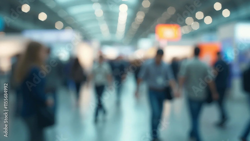 Blurred abstract people in expo event trade show exhibition hall. Business convention or job fair. Business concept background, 16:9 widescreen, 300 dpi, with free space for text
