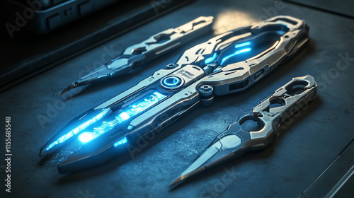 Wallpaper Mural Hologram screwdriver and pliers. Holographic projection repair tools. Flickering energy flux of particles. Torontodigital.ca