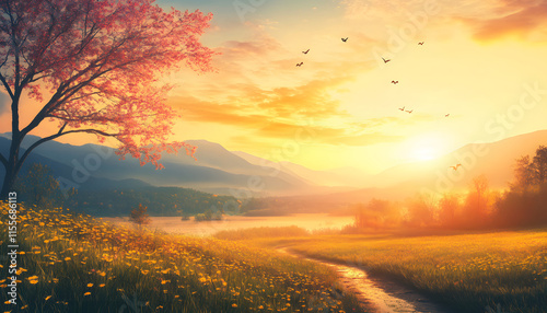 Serene Sunset Landscape With Blooming Flowers And Birds