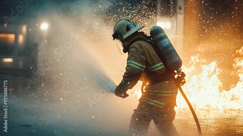 A training drill with firefighters in protective uniforms extinguishing a controlled fire with hoses and foam photo