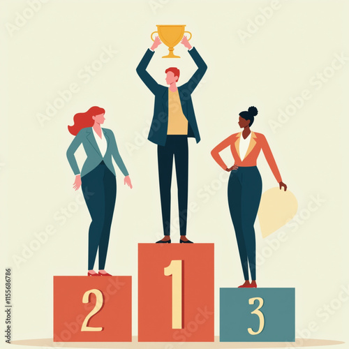 People standing on podium receiving top three, employee recognition and competition winners, business style design vector illustration.