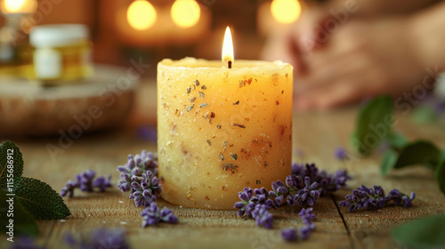 Aromatic candle with lavender and herbs, creating calming atmosphere. Perfect for relaxation and wellness, enhancing your space with soothing scents