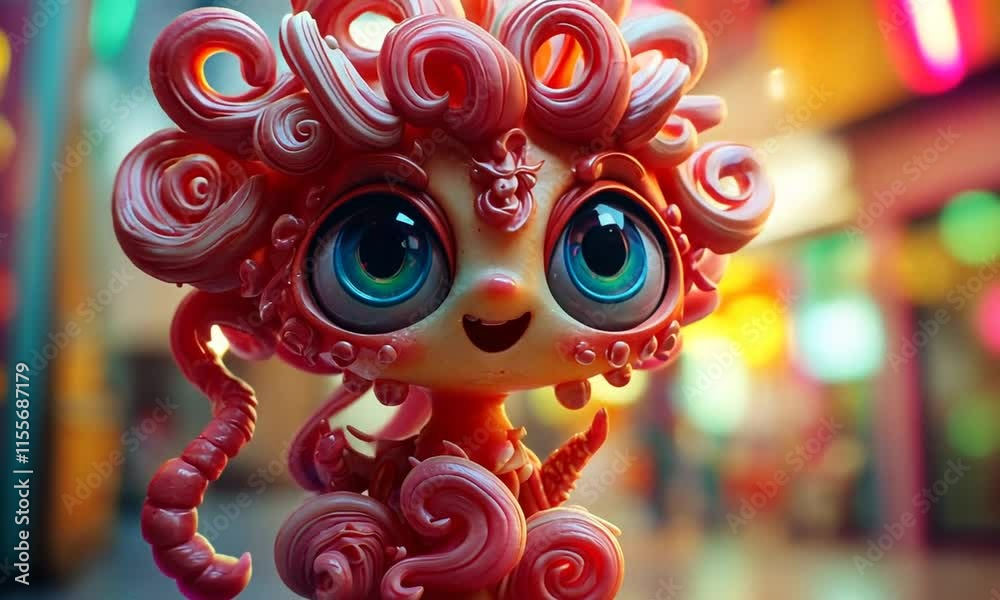 Playful, whimsical creature with large eyes and coral-like hair, set against a blurred city backdrop. Playful, whimsical creature with large eyes and coral-like hair, set against a blurred city backdrop.