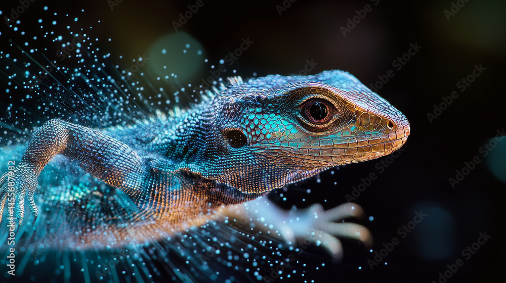 Hologram lizard. A holographic projection of the lizard. Flickering energy flux of particles. Scientific design of a reptile. Hologram lizard. A holographic projection of the lizard. Flickering energy flux of particles. Scientific design of a reptile.