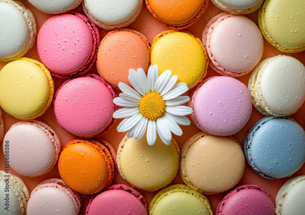 Fototapeta premium Colorful display of macarons in various colors with daisy flower. This vibrant arrangement showcases delightful pastel shades, creating cheerful and inviting atmosphere