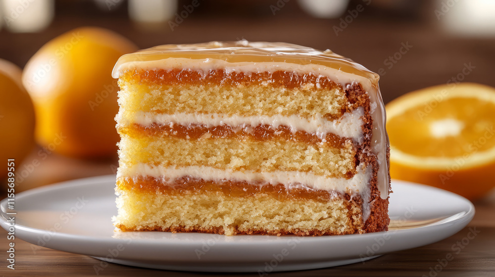 delicious three-layer orange cake slice with creamy frosting and caramel glaze delicious three-layer orange cake slice with creamy frosting and caramel glaze
