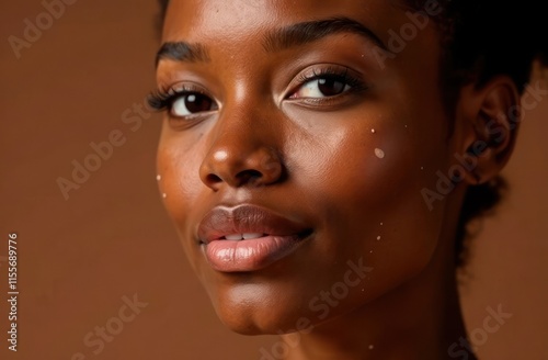 close-up of woman's face with glowing skin and soft makeup against warm brown background. beauty and skincare concept. skin care product advertisement.