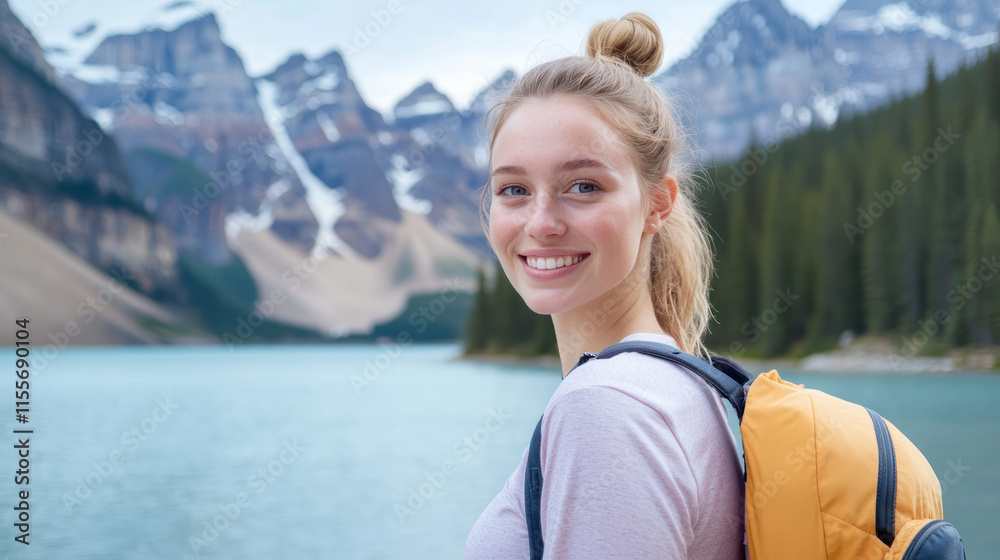 Fototapeta premium Caucasian woman in pastel wear hiking at Moraine Lake Banff National Park Canada