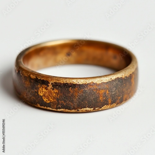 Antique gold ring with patina on white background
