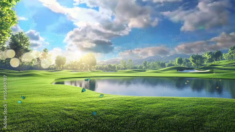 A scenic golf course with a sparkling lake, green fields, and dramatic clouds under the warm sunlight. A scenic golf course with a sparkling lake, green fields, and dramatic clouds under the warm sunlight.