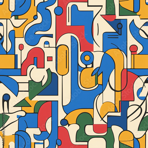 
Seamless neo-brutalist pattern with vibrant geometric shapes in vibrant blue, red, yellow and green. Rough, angular shapes with a minimalist aesthetic