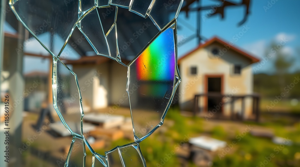 Close-up of a shattered glass window, abandoned house background, showcasing decay and neglect. Natural earth tones, silhouetted backlighting, browns, beiges, muted colors, Close-up of a shattered glass window, abandoned house background, showcasing decay and neglect. Natural earth tones, silhouetted backlighting, browns, beiges, muted colors,