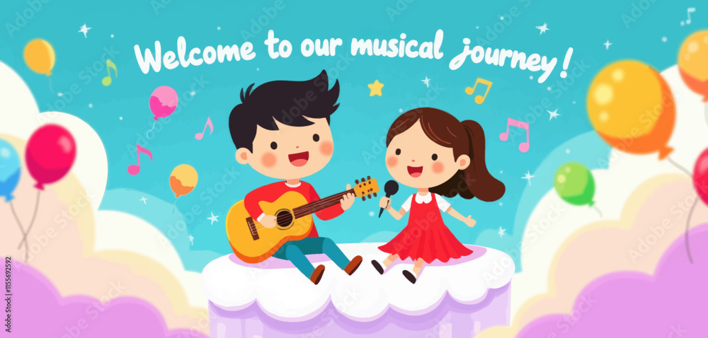 Children Singing on Cloud with Guitar and Microphone Children Singing on Cloud with Guitar and Microphone
