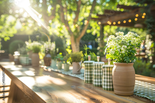 garden party ambiance, a quaint garden soire in a natural setting a wooden bar decorated with wildflowers offers elderflower cocktails guests enjoy the drinks under candlelit gingham tablecloths photo