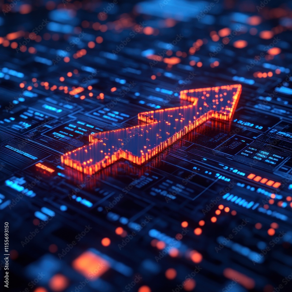 Fototapeta premium Glowing arrow on digital circuit board, representing growth, progress, and technology advancement.