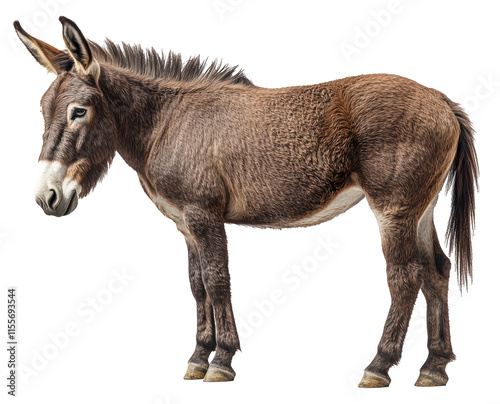 A donkey stands in front of a white background photo