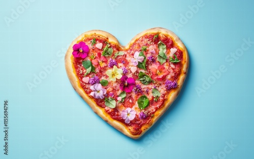A heart-shaped pizza with vibrant pink sauce and edible flower toppings, artistically floating mid-air on a pastel blue background for Saint Valentines Day