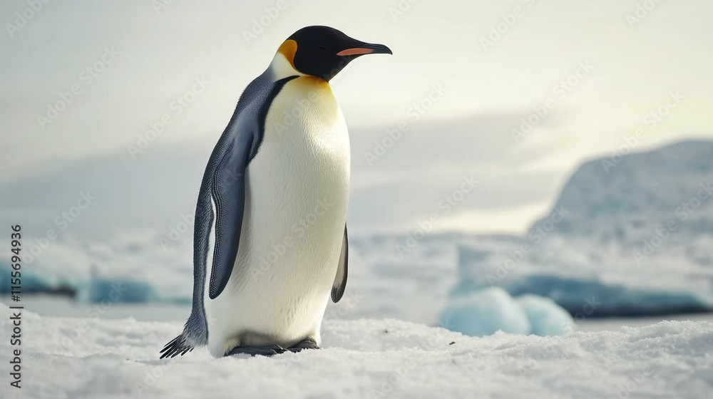Obraz premium Majestic emperor penguin standing on snow covered ice, showcasing its striking black and white feathers against serene icy backdrop