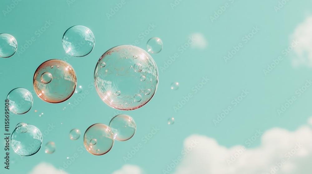 Colorful Soap Bubbles Floating Against a Bright Sky Background