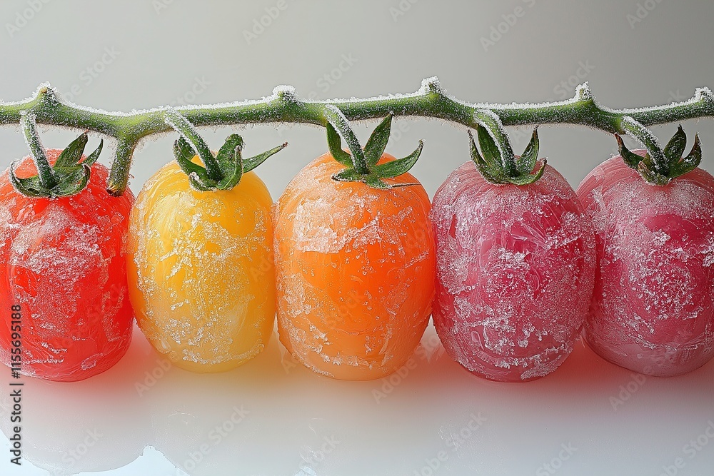 Frozen fruit snacks showcase vibrant colors from grapes to tomatoes arranged in a line