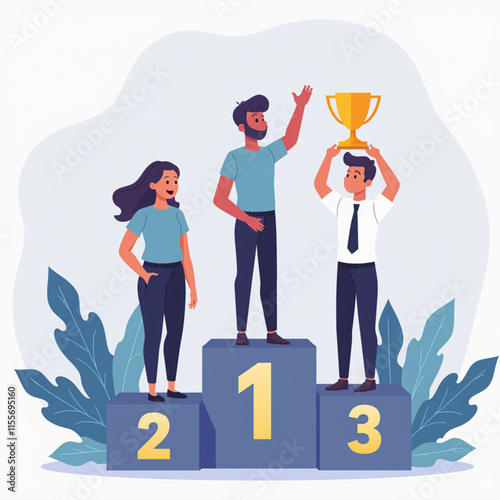 People standing on podium receiving top three, employee recognition and competition winners, business style design vector illustration.