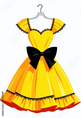 Bright Yellow Dress with Black Bow and Ruffles