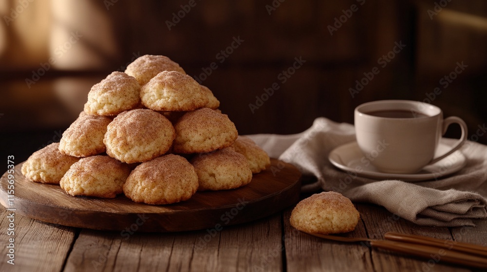 Crispy snickerdoodle cookies with a light cinnamon-sugar coating, arranged in a pyramid on a wooden platter, with a warm cup of coffee beside them and a rustic linen napkin. Crispy snickerdoodle cookies with a light cinnamon-sugar coating, arranged in a pyramid on a wooden platter, with a warm cup of coffee beside them and a rustic linen napkin.