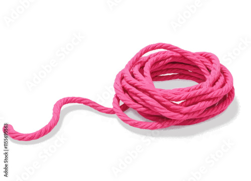 Bright Pink Rope Coiled on White Background