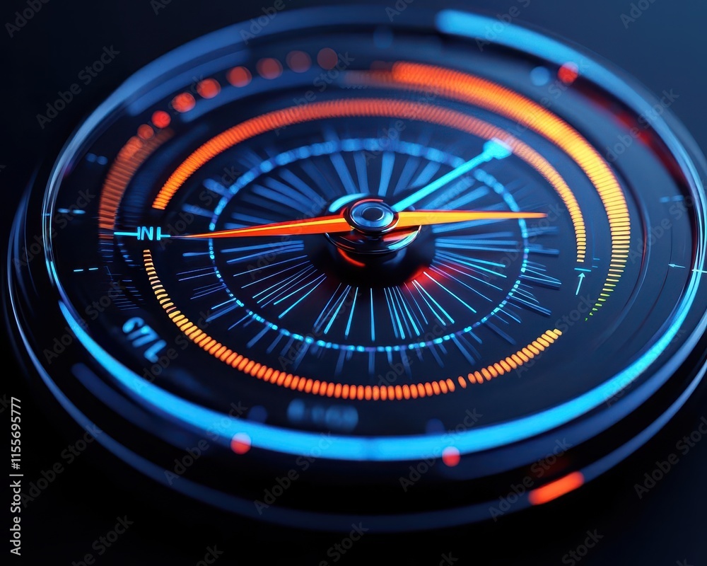 Digital representation of an index fund with a benchmark compass, visualizing alignment, strategic planning
